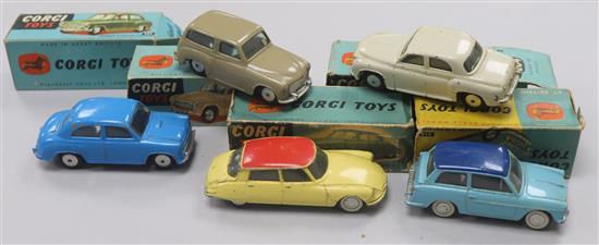 A Corgi Toys Morris Cowley Saloon No. 202 and four other boxed Corgi cars,